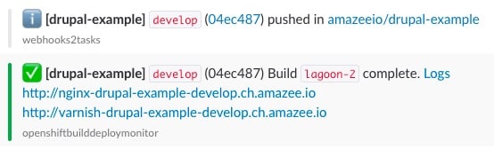 Slack notification of a successful Lagoon build and deployment.