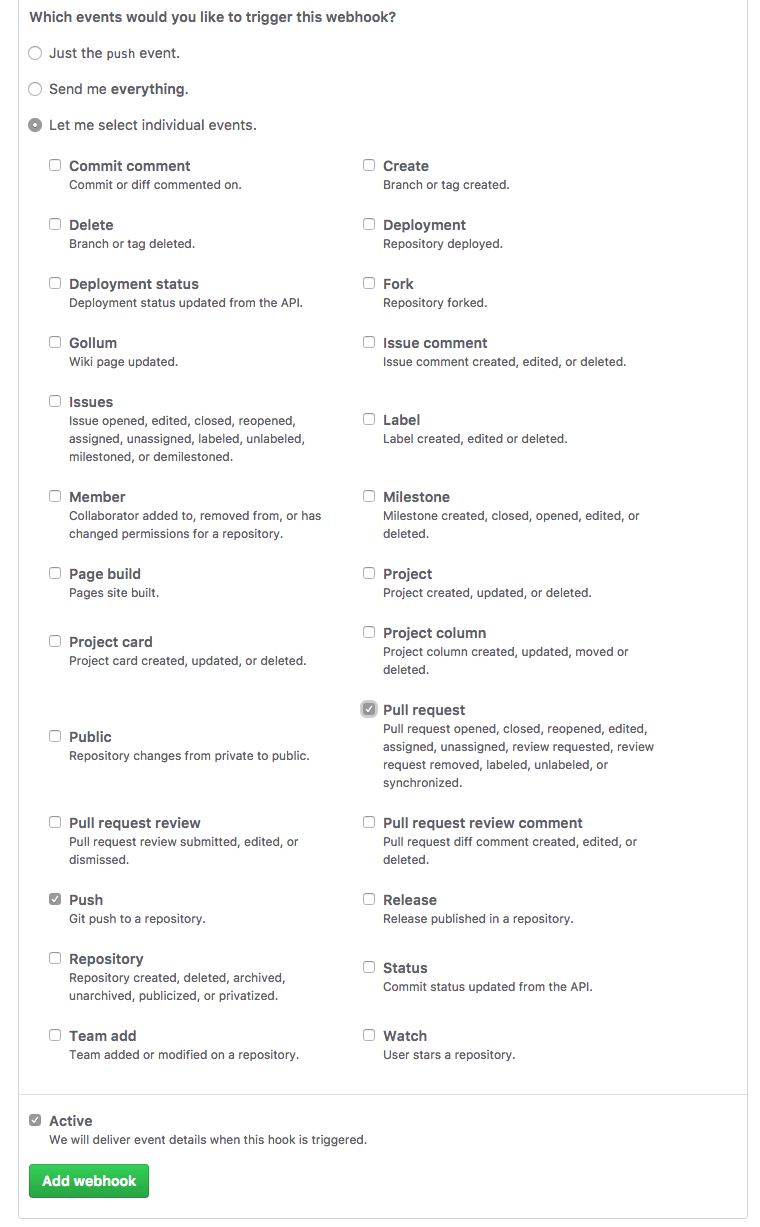 Select the webhook event triggers in GitHub.