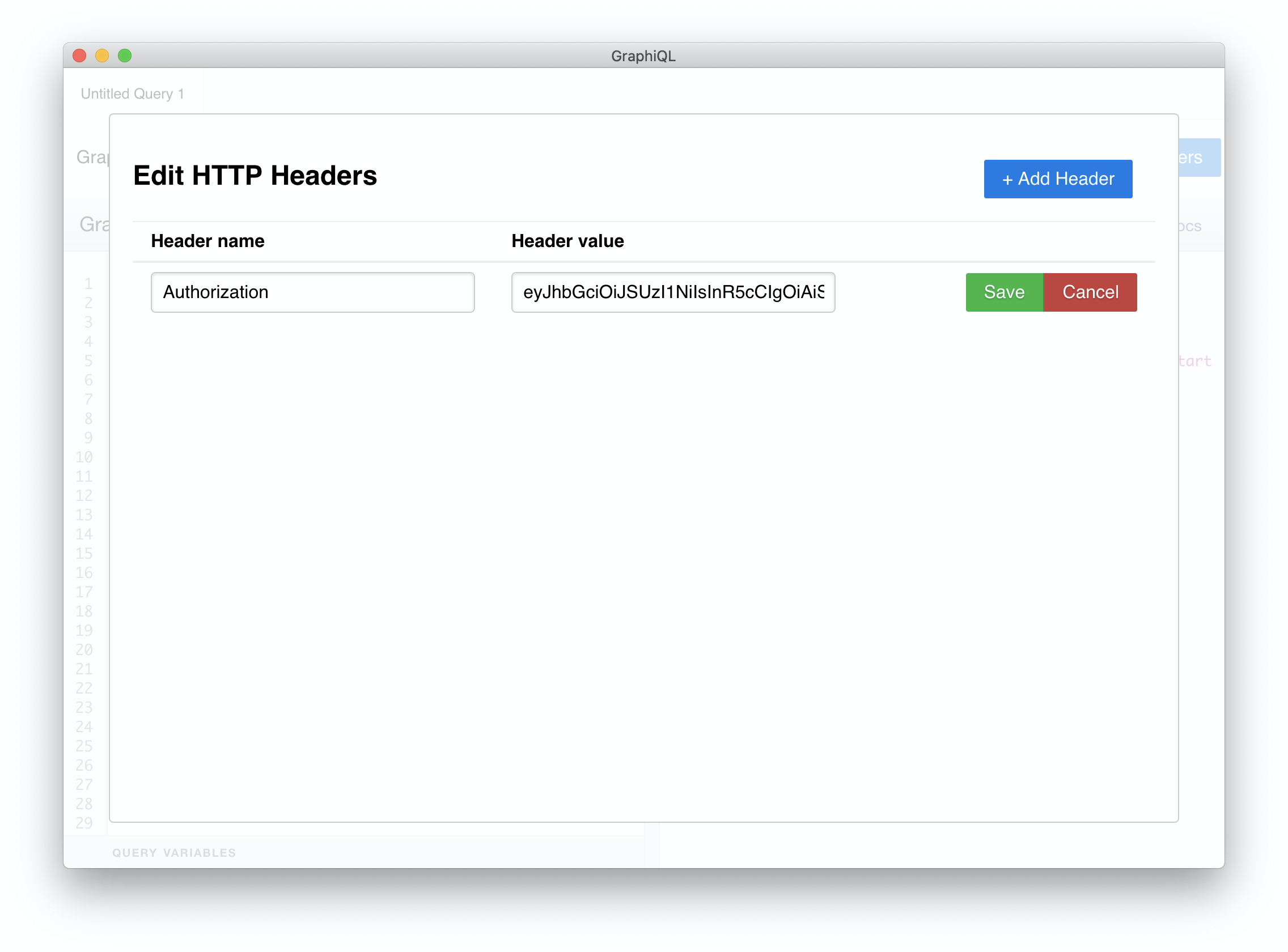 Editing HTTP Headers in GraphiQL.