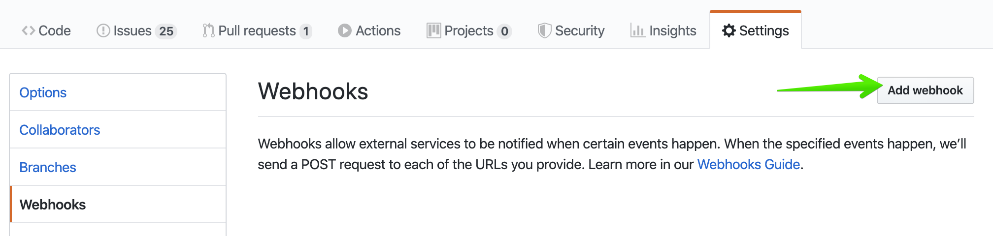 Adding webhook in GitHub.